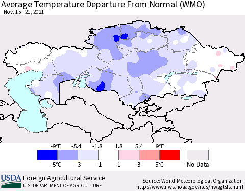 Kazakhstan Average Temperature Departure from Normal (WMO) Thematic Map For 11/15/2021 - 11/21/2021