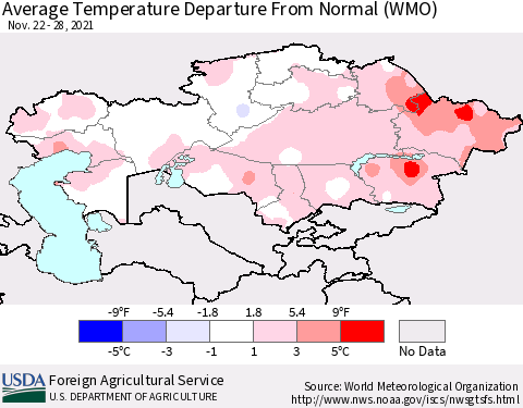 Kazakhstan Average Temperature Departure from Normal (WMO) Thematic Map For 11/22/2021 - 11/28/2021