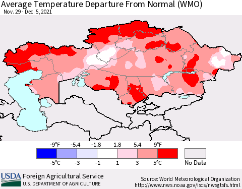 Kazakhstan Average Temperature Departure from Normal (WMO) Thematic Map For 11/29/2021 - 12/5/2021