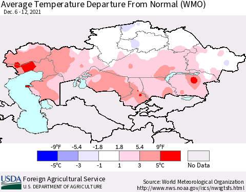Kazakhstan Average Temperature Departure from Normal (WMO) Thematic Map For 12/6/2021 - 12/12/2021