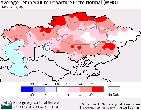 Kazakhstan Average Temperature Departure from Normal (WMO) Thematic Map For 12/13/2021 - 12/19/2021