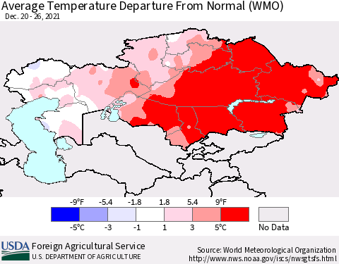 Kazakhstan Average Temperature Departure from Normal (WMO) Thematic Map For 12/20/2021 - 12/26/2021
