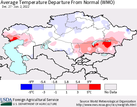 Kazakhstan Average Temperature Departure from Normal (WMO) Thematic Map For 12/27/2021 - 1/2/2022