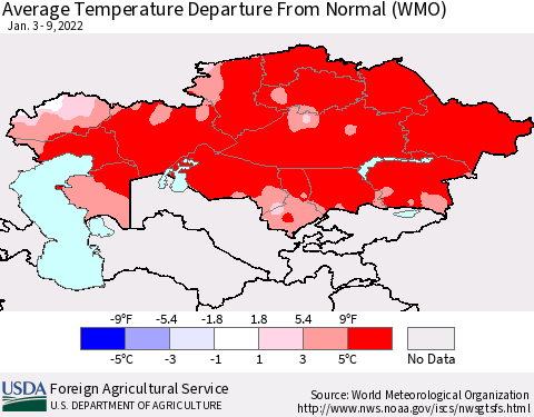 Kazakhstan Average Temperature Departure from Normal (WMO) Thematic Map For 1/3/2022 - 1/9/2022