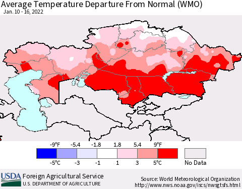 Kazakhstan Average Temperature Departure from Normal (WMO) Thematic Map For 1/10/2022 - 1/16/2022