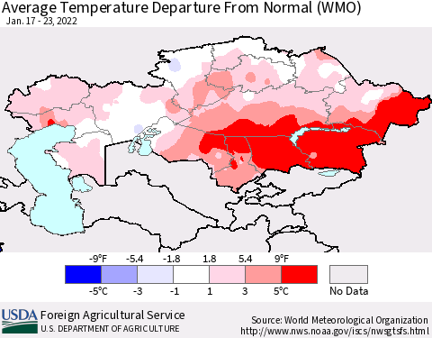 Kazakhstan Average Temperature Departure from Normal (WMO) Thematic Map For 1/17/2022 - 1/23/2022