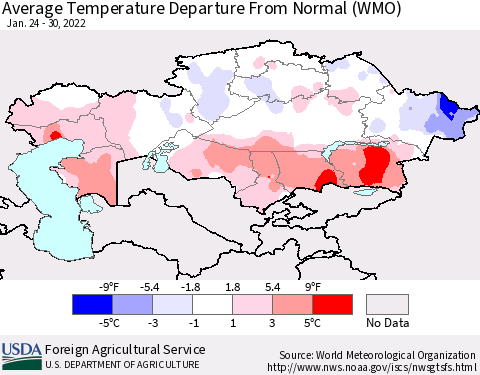Kazakhstan Average Temperature Departure from Normal (WMO) Thematic Map For 1/24/2022 - 1/30/2022