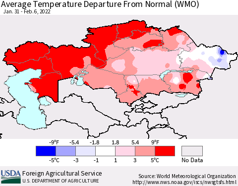 Kazakhstan Average Temperature Departure from Normal (WMO) Thematic Map For 1/31/2022 - 2/6/2022
