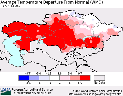 Kazakhstan Average Temperature Departure from Normal (WMO) Thematic Map For 2/7/2022 - 2/13/2022