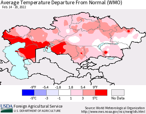 Kazakhstan Average Temperature Departure from Normal (WMO) Thematic Map For 2/14/2022 - 2/20/2022