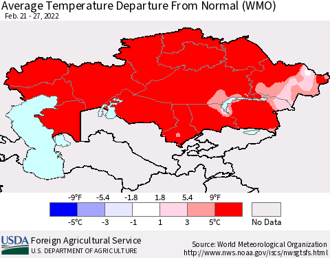 Kazakhstan Average Temperature Departure from Normal (WMO) Thematic Map For 2/21/2022 - 2/27/2022