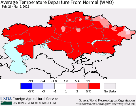 Kazakhstan Average Temperature Departure from Normal (WMO) Thematic Map For 2/28/2022 - 3/6/2022