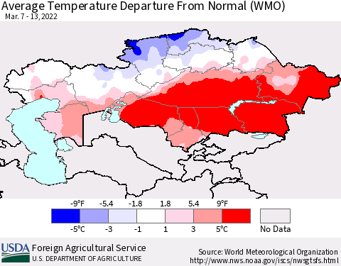Kazakhstan Average Temperature Departure from Normal (WMO) Thematic Map For 3/7/2022 - 3/13/2022