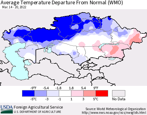 Kazakhstan Average Temperature Departure from Normal (WMO) Thematic Map For 3/14/2022 - 3/20/2022