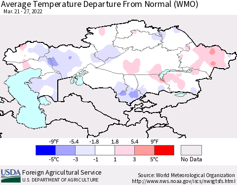 Kazakhstan Average Temperature Departure from Normal (WMO) Thematic Map For 3/21/2022 - 3/27/2022