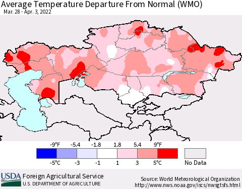 Kazakhstan Average Temperature Departure from Normal (WMO) Thematic Map For 3/28/2022 - 4/3/2022