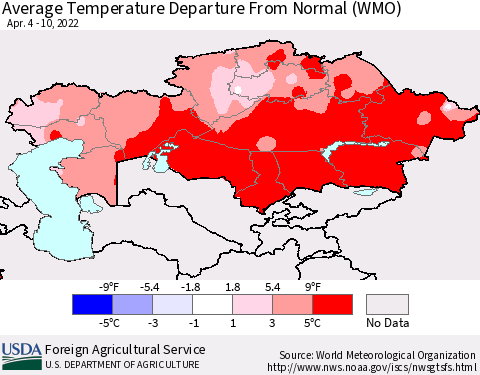 Kazakhstan Average Temperature Departure from Normal (WMO) Thematic Map For 4/4/2022 - 4/10/2022