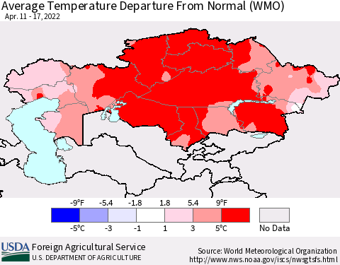 Kazakhstan Average Temperature Departure from Normal (WMO) Thematic Map For 4/11/2022 - 4/17/2022