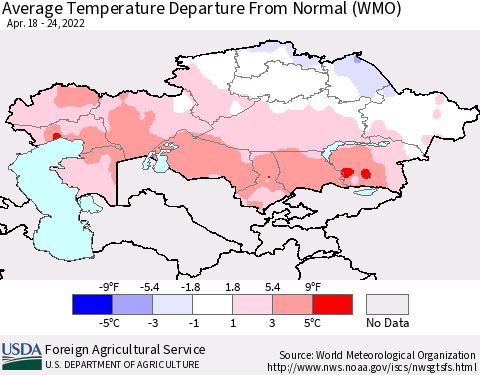 Kazakhstan Average Temperature Departure from Normal (WMO) Thematic Map For 4/18/2022 - 4/24/2022