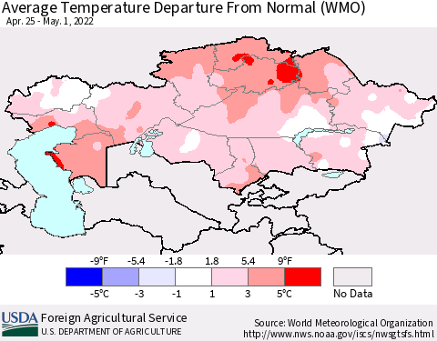 Kazakhstan Average Temperature Departure from Normal (WMO) Thematic Map For 4/25/2022 - 5/1/2022