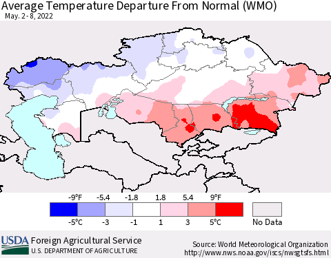 Kazakhstan Average Temperature Departure from Normal (WMO) Thematic Map For 5/2/2022 - 5/8/2022