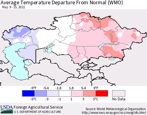 Kazakhstan Average Temperature Departure from Normal (WMO) Thematic Map For 5/9/2022 - 5/15/2022