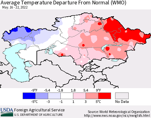 Kazakhstan Average Temperature Departure from Normal (WMO) Thematic Map For 5/16/2022 - 5/22/2022