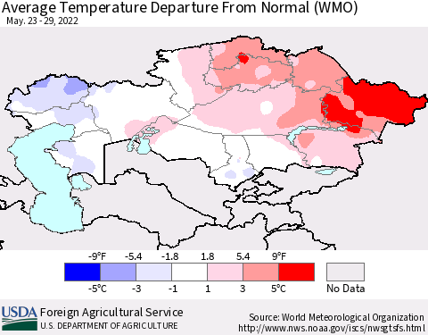 Kazakhstan Average Temperature Departure from Normal (WMO) Thematic Map For 5/23/2022 - 5/29/2022
