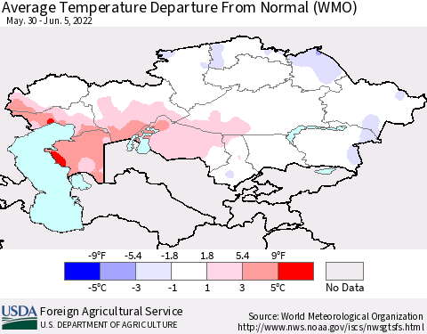 Kazakhstan Average Temperature Departure from Normal (WMO) Thematic Map For 5/30/2022 - 6/5/2022