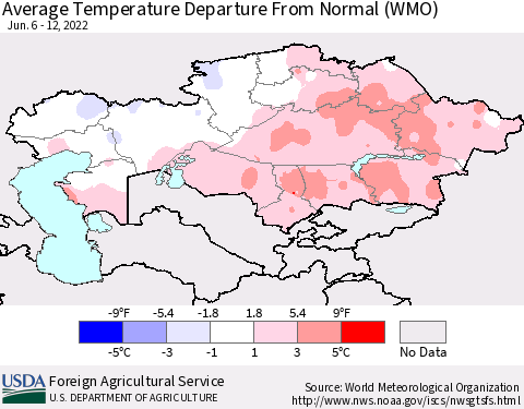 Kazakhstan Average Temperature Departure from Normal (WMO) Thematic Map For 6/6/2022 - 6/12/2022