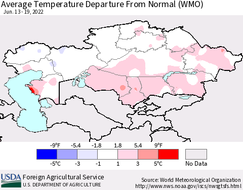 Kazakhstan Average Temperature Departure from Normal (WMO) Thematic Map For 6/13/2022 - 6/19/2022