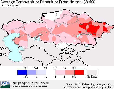 Kazakhstan Average Temperature Departure from Normal (WMO) Thematic Map For 6/20/2022 - 6/26/2022