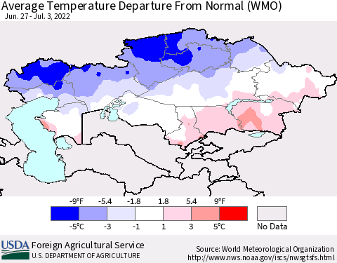 Kazakhstan Average Temperature Departure from Normal (WMO) Thematic Map For 6/27/2022 - 7/3/2022