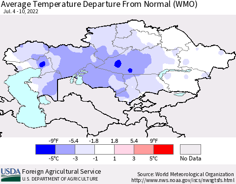 Kazakhstan Average Temperature Departure from Normal (WMO) Thematic Map For 7/4/2022 - 7/10/2022