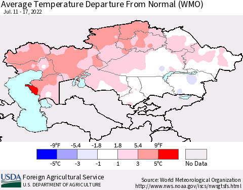 Kazakhstan Average Temperature Departure from Normal (WMO) Thematic Map For 7/11/2022 - 7/17/2022