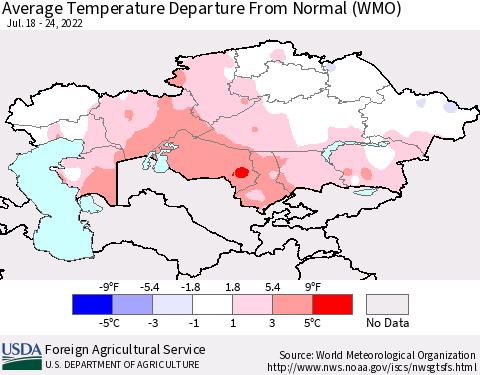 Kazakhstan Average Temperature Departure from Normal (WMO) Thematic Map For 7/18/2022 - 7/24/2022