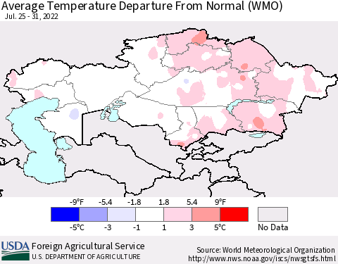 Kazakhstan Average Temperature Departure from Normal (WMO) Thematic Map For 7/25/2022 - 7/31/2022