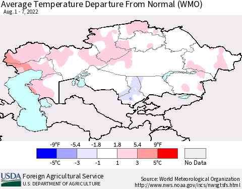 Kazakhstan Average Temperature Departure from Normal (WMO) Thematic Map For 8/1/2022 - 8/7/2022