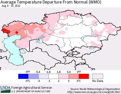 Kazakhstan Average Temperature Departure from Normal (WMO) Thematic Map For 8/8/2022 - 8/14/2022