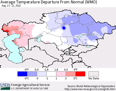 Kazakhstan Average Temperature Departure from Normal (WMO) Thematic Map For 8/15/2022 - 8/21/2022