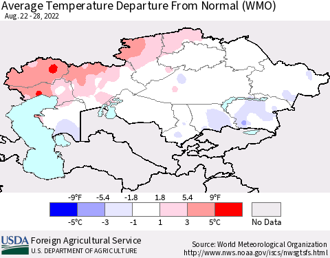 Kazakhstan Average Temperature Departure from Normal (WMO) Thematic Map For 8/22/2022 - 8/28/2022