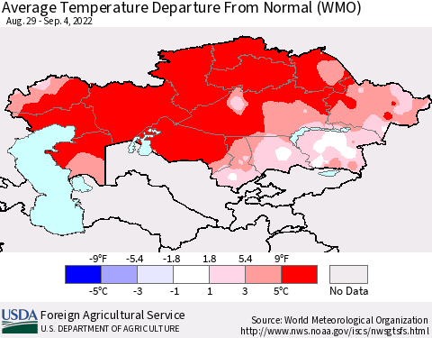 Kazakhstan Average Temperature Departure from Normal (WMO) Thematic Map For 8/29/2022 - 9/4/2022