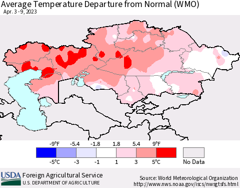 Kazakhstan Average Temperature Departure from Normal (WMO) Thematic Map For 4/3/2023 - 4/9/2023
