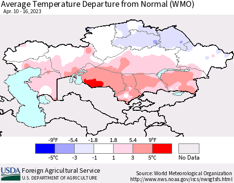 Kazakhstan Average Temperature Departure from Normal (WMO) Thematic Map For 4/10/2023 - 4/16/2023