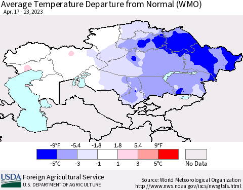 Kazakhstan Average Temperature Departure from Normal (WMO) Thematic Map For 4/17/2023 - 4/23/2023