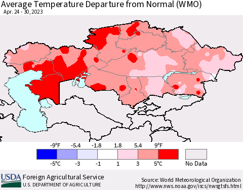 Kazakhstan Average Temperature Departure from Normal (WMO) Thematic Map For 4/24/2023 - 4/30/2023