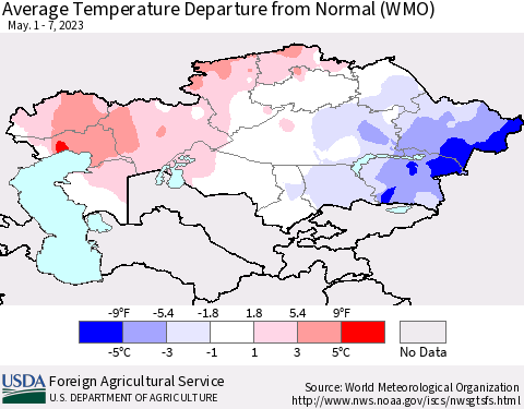 Kazakhstan Average Temperature Departure from Normal (WMO) Thematic Map For 5/1/2023 - 5/7/2023