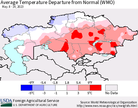 Kazakhstan Average Temperature Departure from Normal (WMO) Thematic Map For 5/8/2023 - 5/14/2023