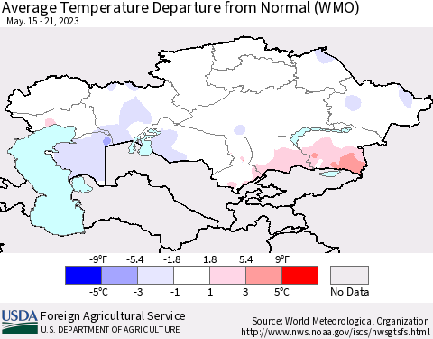 Kazakhstan Average Temperature Departure from Normal (WMO) Thematic Map For 5/15/2023 - 5/21/2023