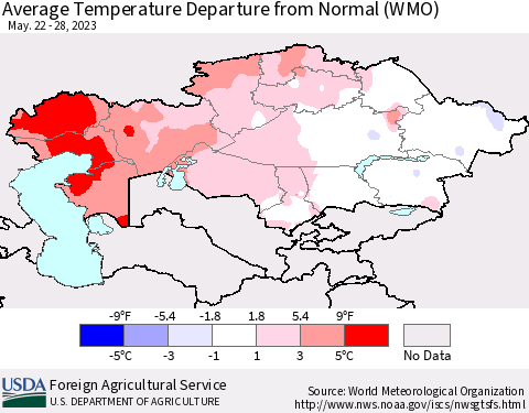 Kazakhstan Average Temperature Departure from Normal (WMO) Thematic Map For 5/22/2023 - 5/28/2023
